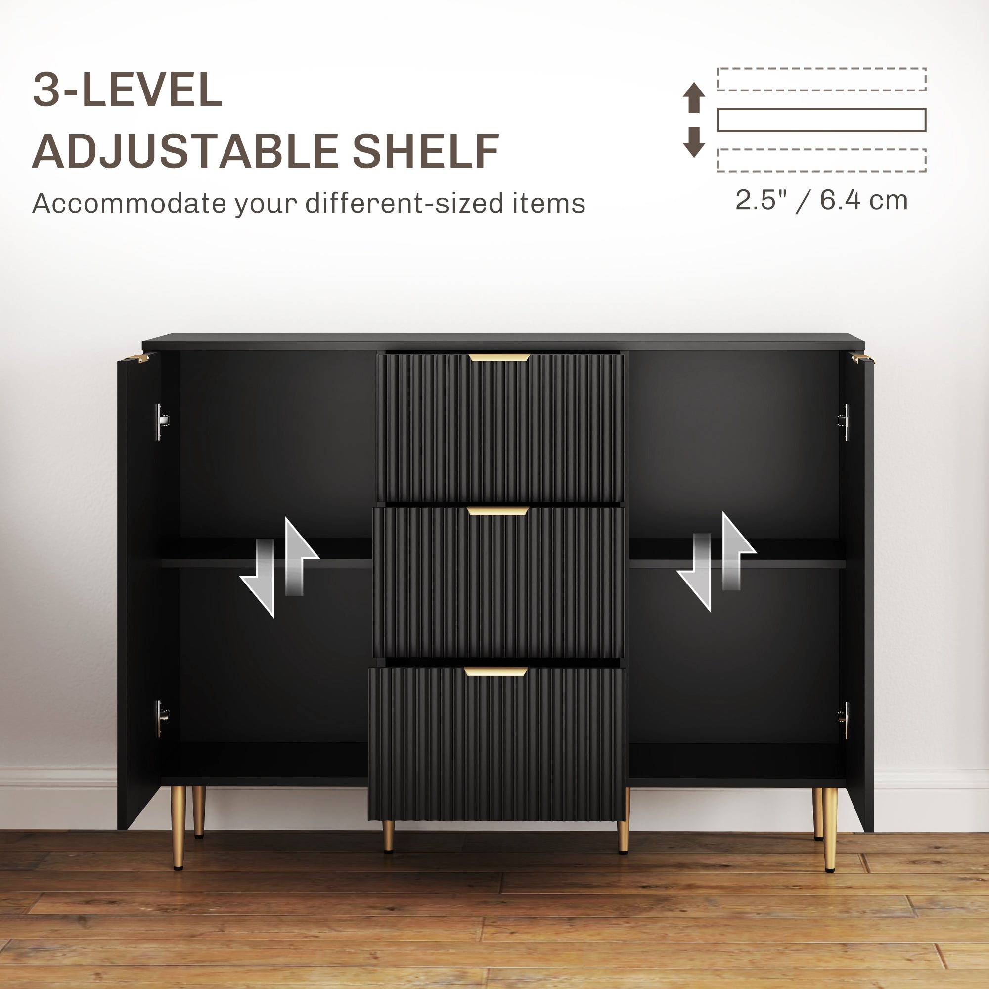 Ellis Modern Kitchen Buffet/Hallway Cabinet with 3 Drawers-Black