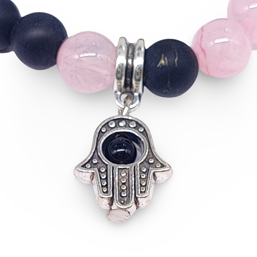Bracelet -Black Agate Frosted Beads -Rose Quartz Beads -Fatima Hand -8mm