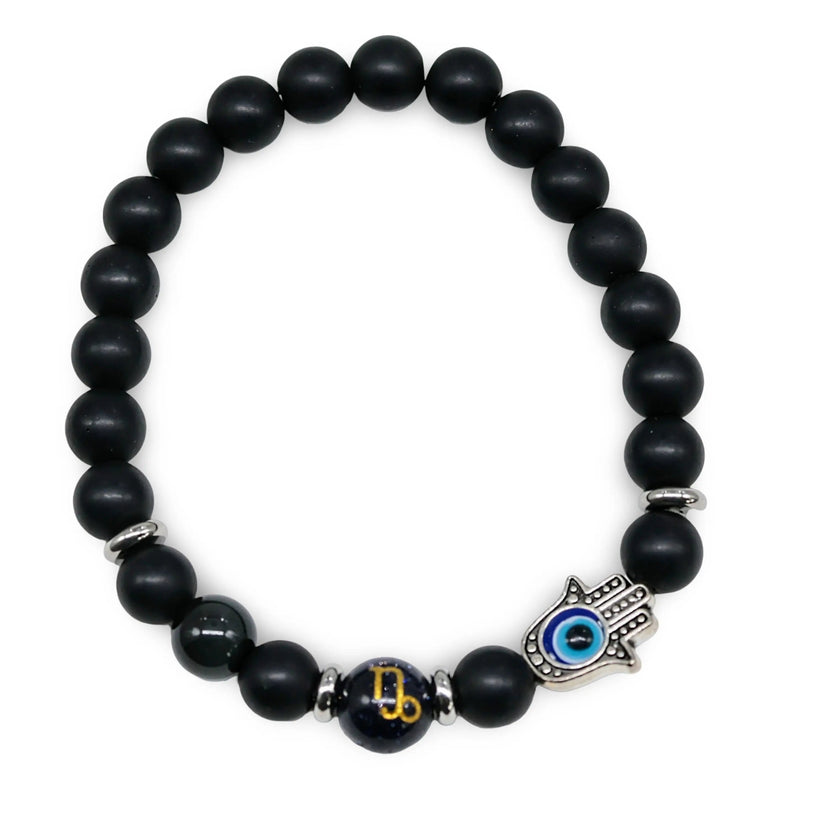 Bracelet - Natural Black Agate - Constellation - Fatima Hand - 8mm