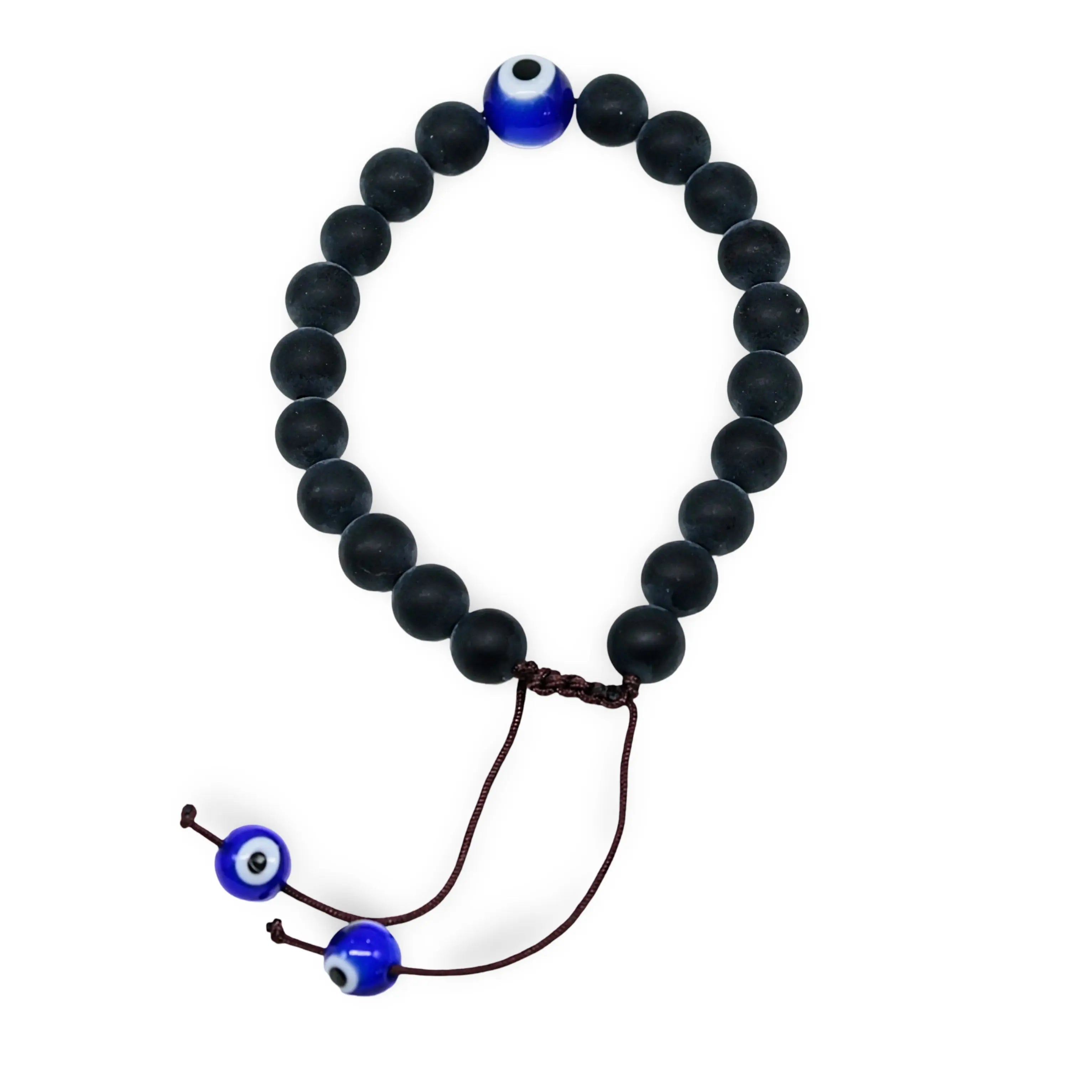 Bracelet - Natural Frosted Black Agate with Evil Eye - Adjustable - 8mm