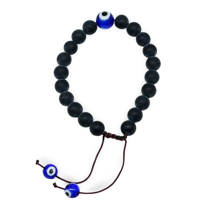 Bracelet - Natural Frosted Black Agate with Evil Eye - Adjustable - 8mm