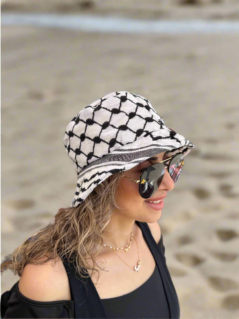 Kufiya Bucket Hat – Black & White or Red & White Shemagh | Woven in Jordan by Palestinian Artisans