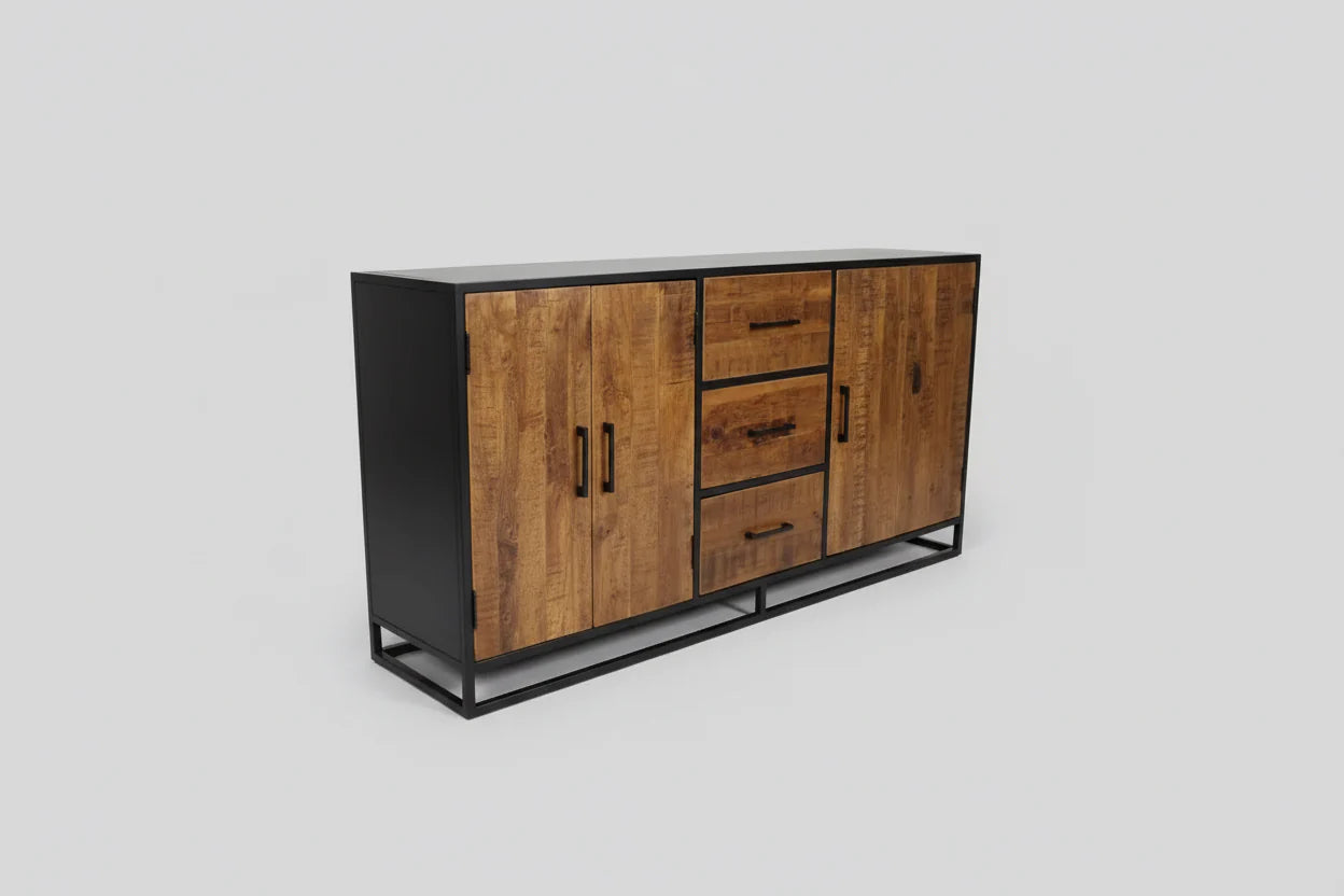 Buffet en bois de manguier et structure d'acier noir