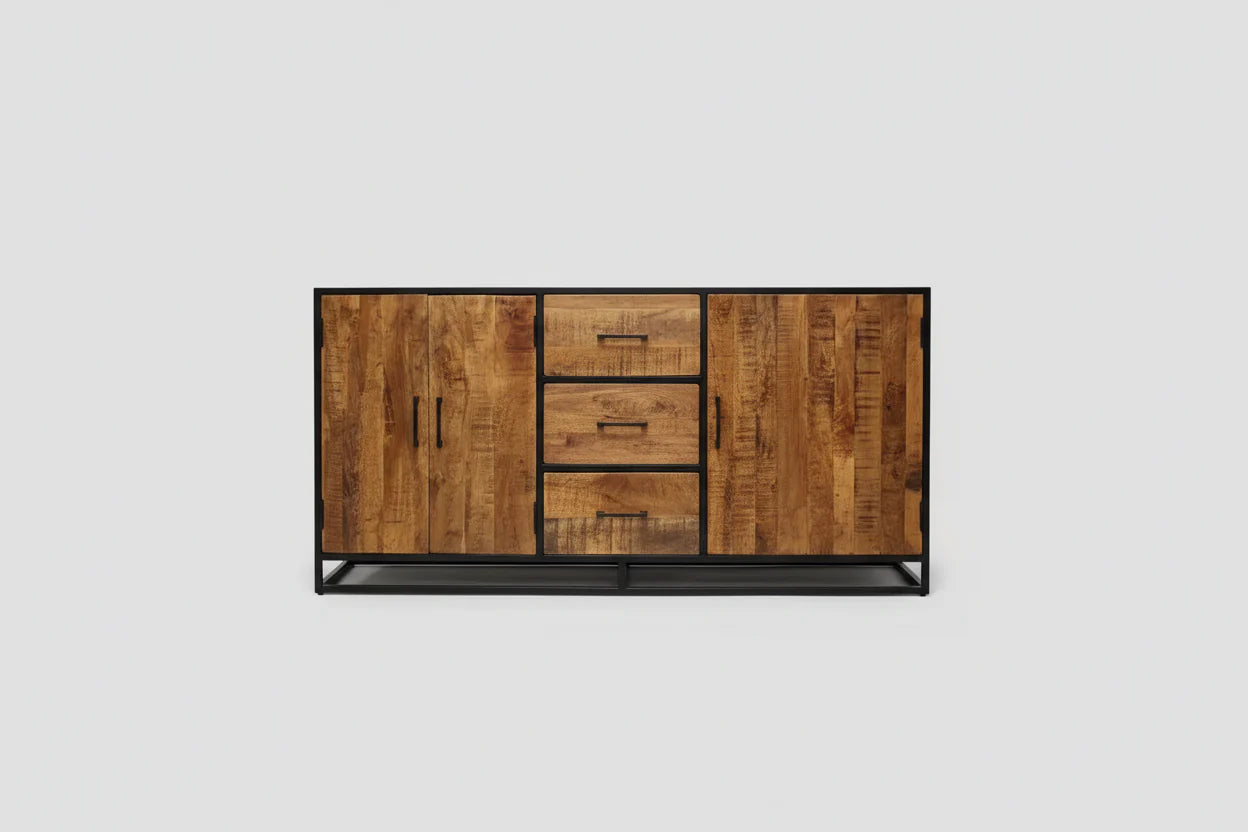 Buffet en bois de manguier et structure d'acier noir