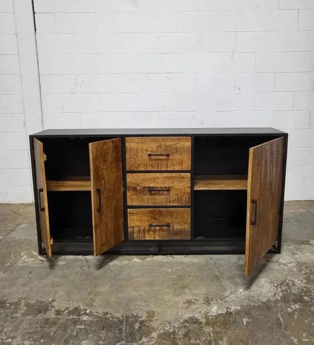 Buffet en bois de manguier et structure d'acier noir