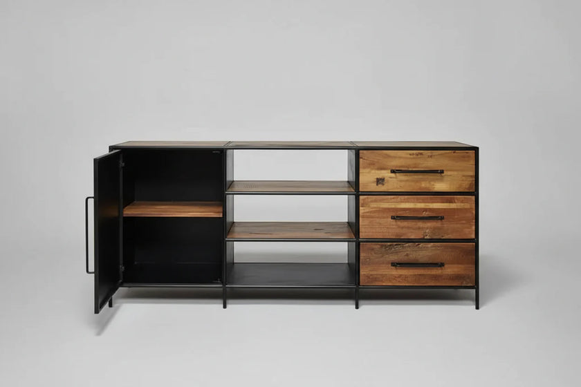 Buffet en bois recyclé avec porte en acier et 3 tiroirs