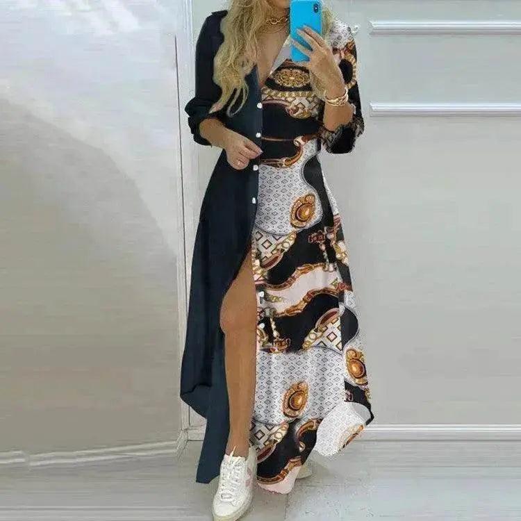 Button Fashion Print Long Sleeve Shirt Charming Dress Women