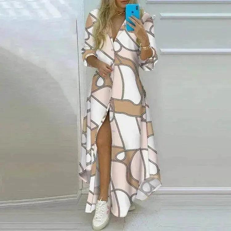Button Fashion Print Long Sleeve Shirt Charming Dress Women