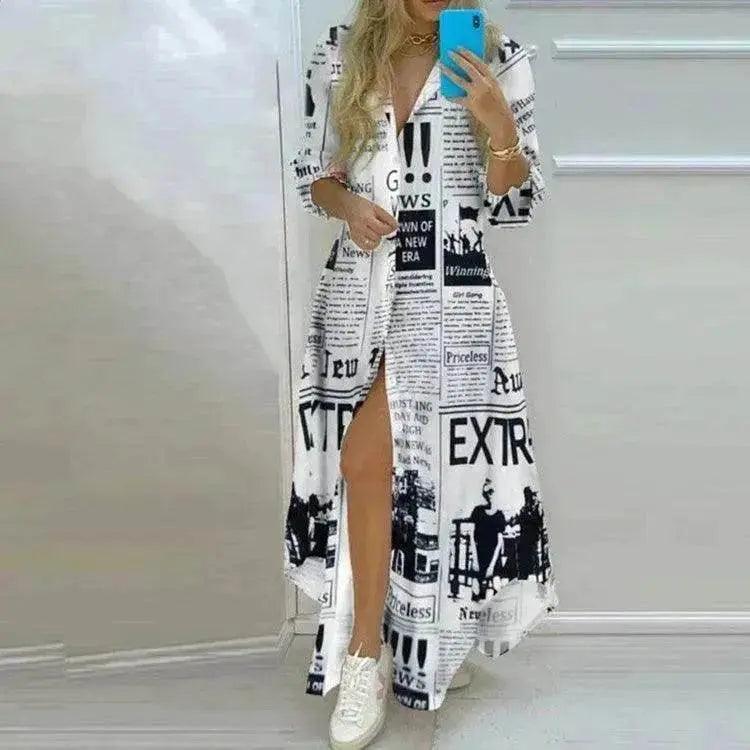 Button Fashion Print Long Sleeve Shirt Charming Dress Women
