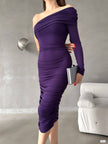 Bodycon Ruched Jersey Fabric One-Sleeve Midi Dress - Purple