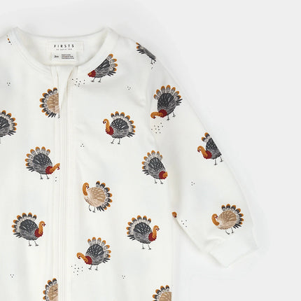 Footed Sleeper | Turkey Print on Off-White | Petit Lem