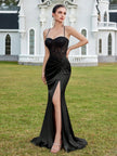 Black Satin Corset Gown with Lace Bodice and High Slit – Elegant Evening Dress