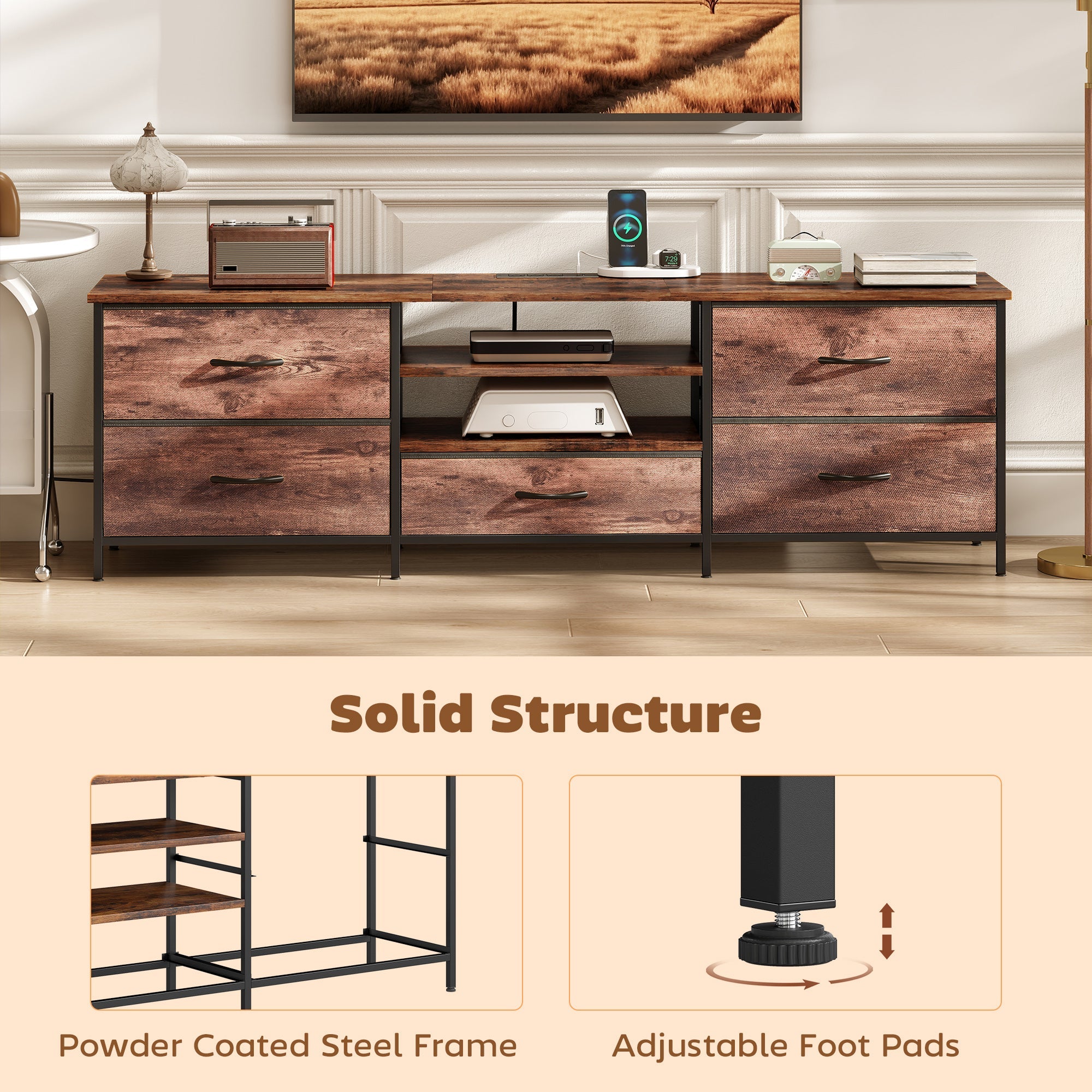 Jamie TV Stand with Charging Station for TVs up to 70 Inches-Rustic Brown