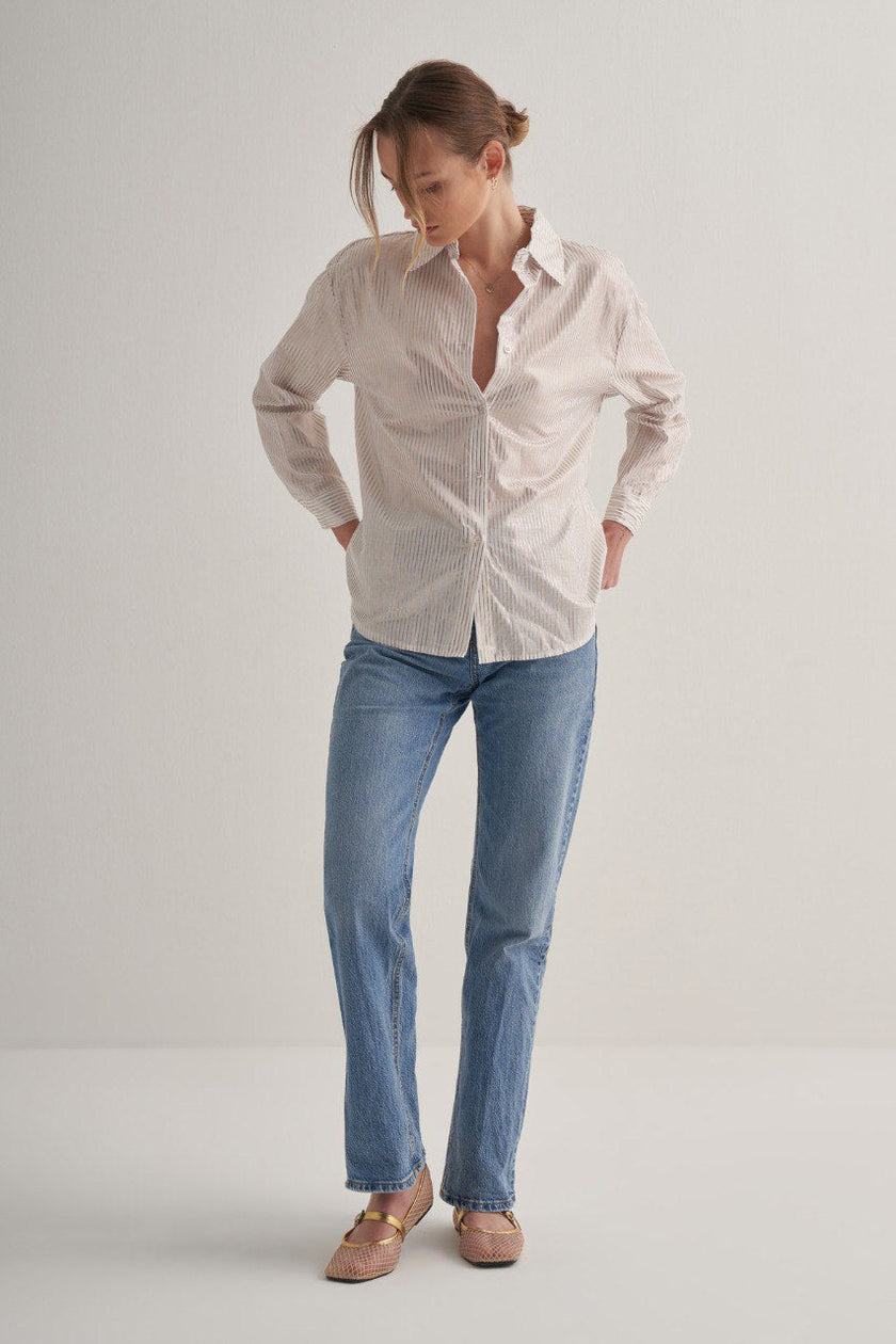 Button Down Gold Stripe Longsleeve Shirt - White