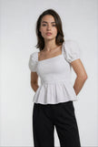 Sera – Cotton Poplin Puff Sleeve Peplum Blouse Top In White