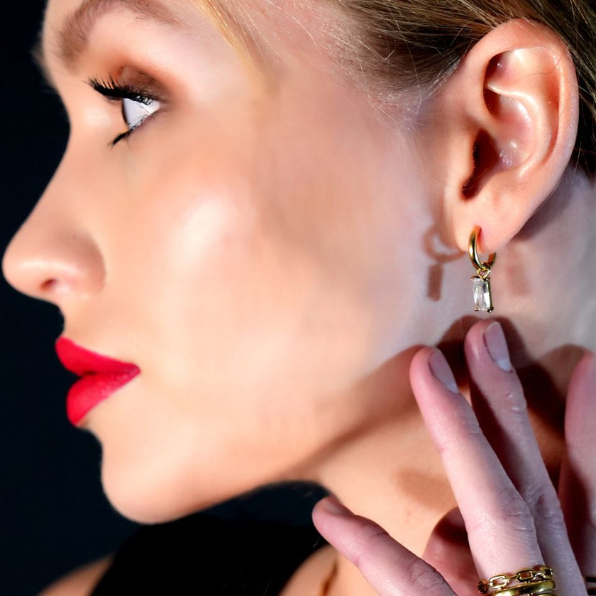 CACA Gold: Vintage Inspired Encased Clear Crystal Drop Hoop Earrings