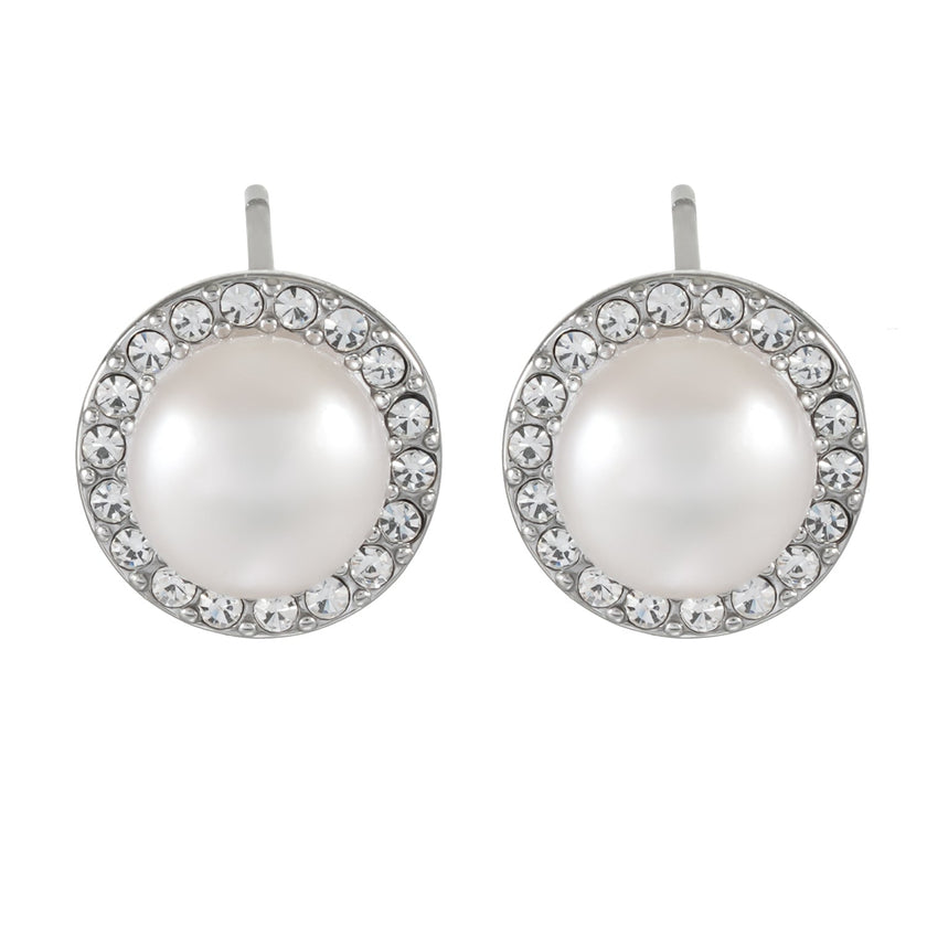 CADDA Silver (White Gold): Mini Stud Earrings with Freshwater Pearl & Pavé Zirconia Border