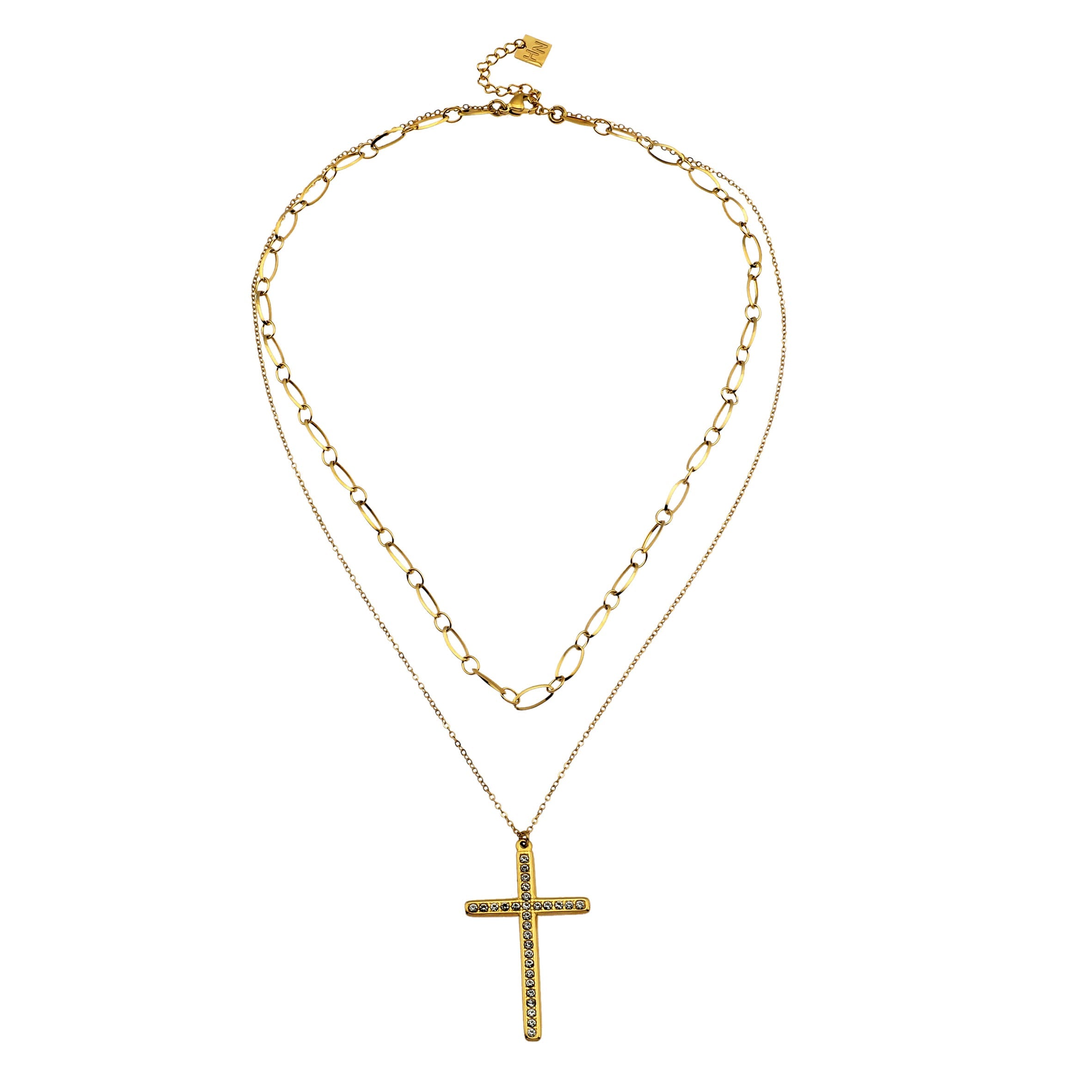 CAMILA : Collier à double chaîne avec pendentif croix classique serti de zircons.
