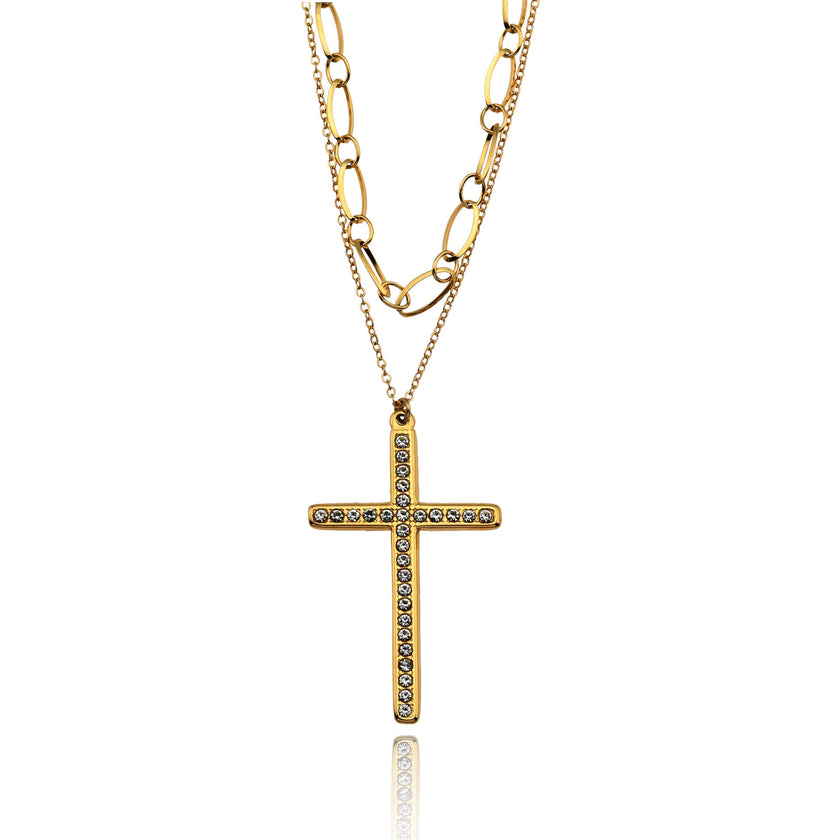 CAMILA : Collier à double chaîne avec pendentif croix classique serti de zircons.