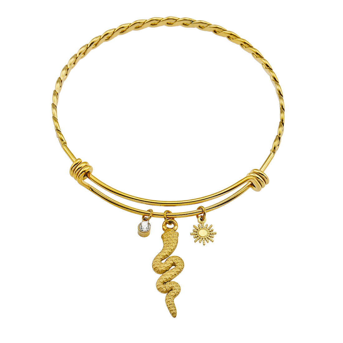 CATALINA Or : Bracelet avec breloques en forme de serpent, symbole solaire et zircone (CZ)