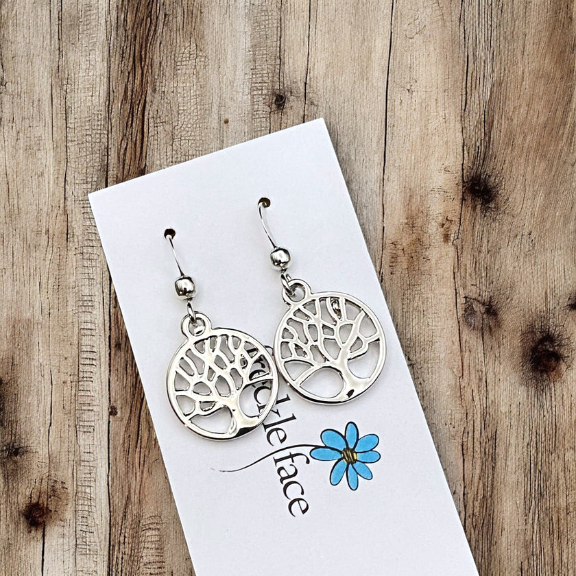 Tree Silhouette Dangle Earrings – Matte & Polished Silver Options