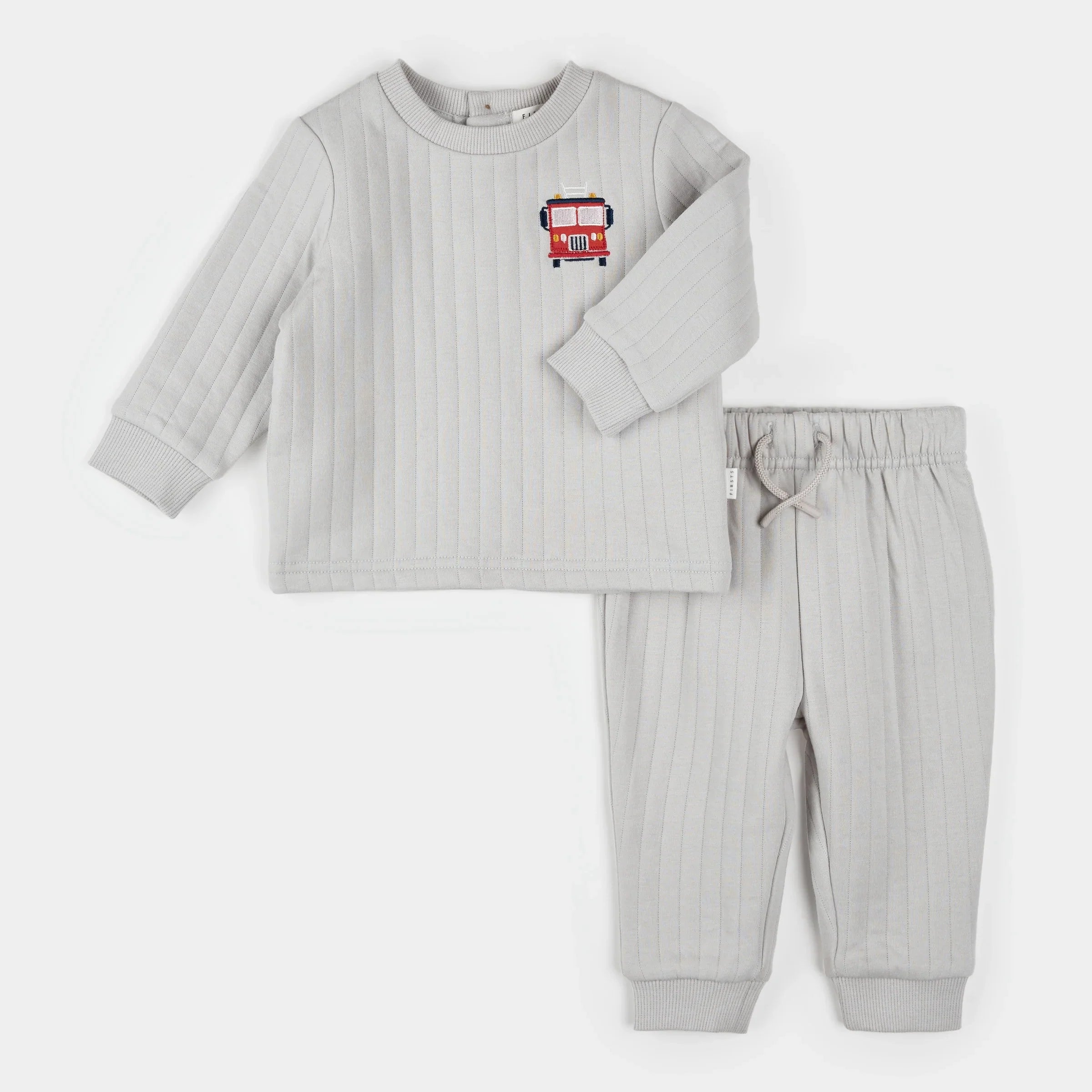 2 PC Quilted Jersey Set | Fire Truck Print on Grey | Petit Lem