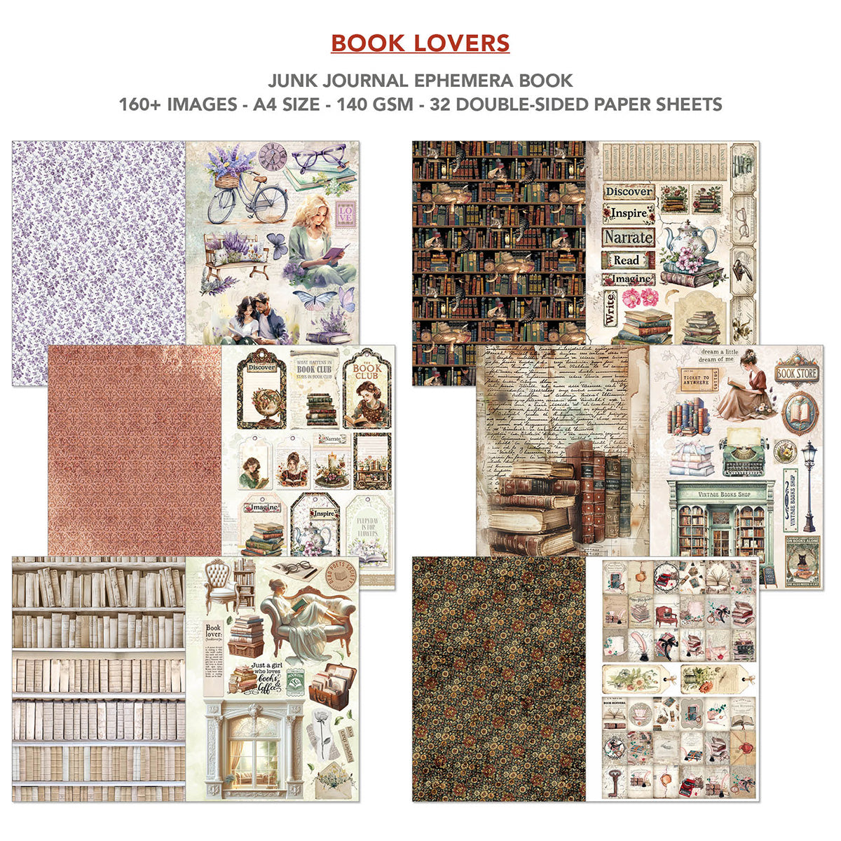 Book Lovers Junk Journal & Ephemera Book  A4 32/Pkg