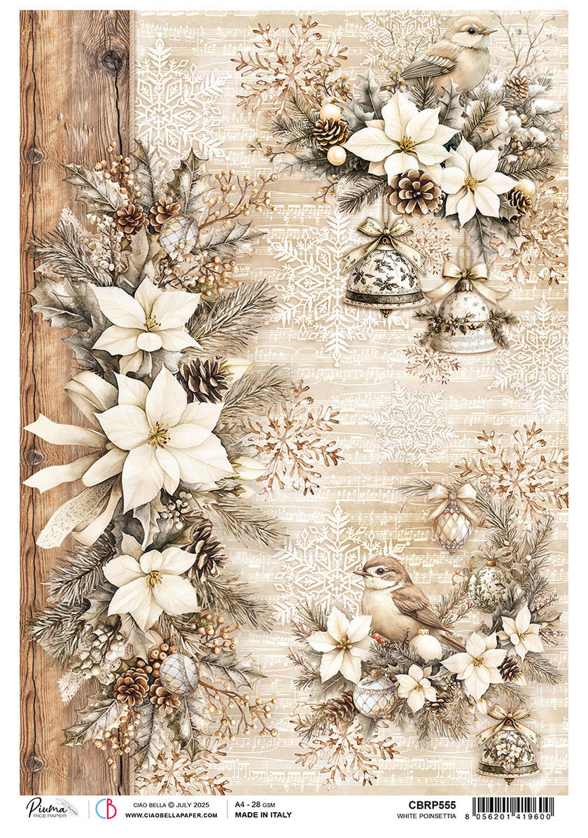 Rice Paper A4 White Poinsettia - 5 Sheets
