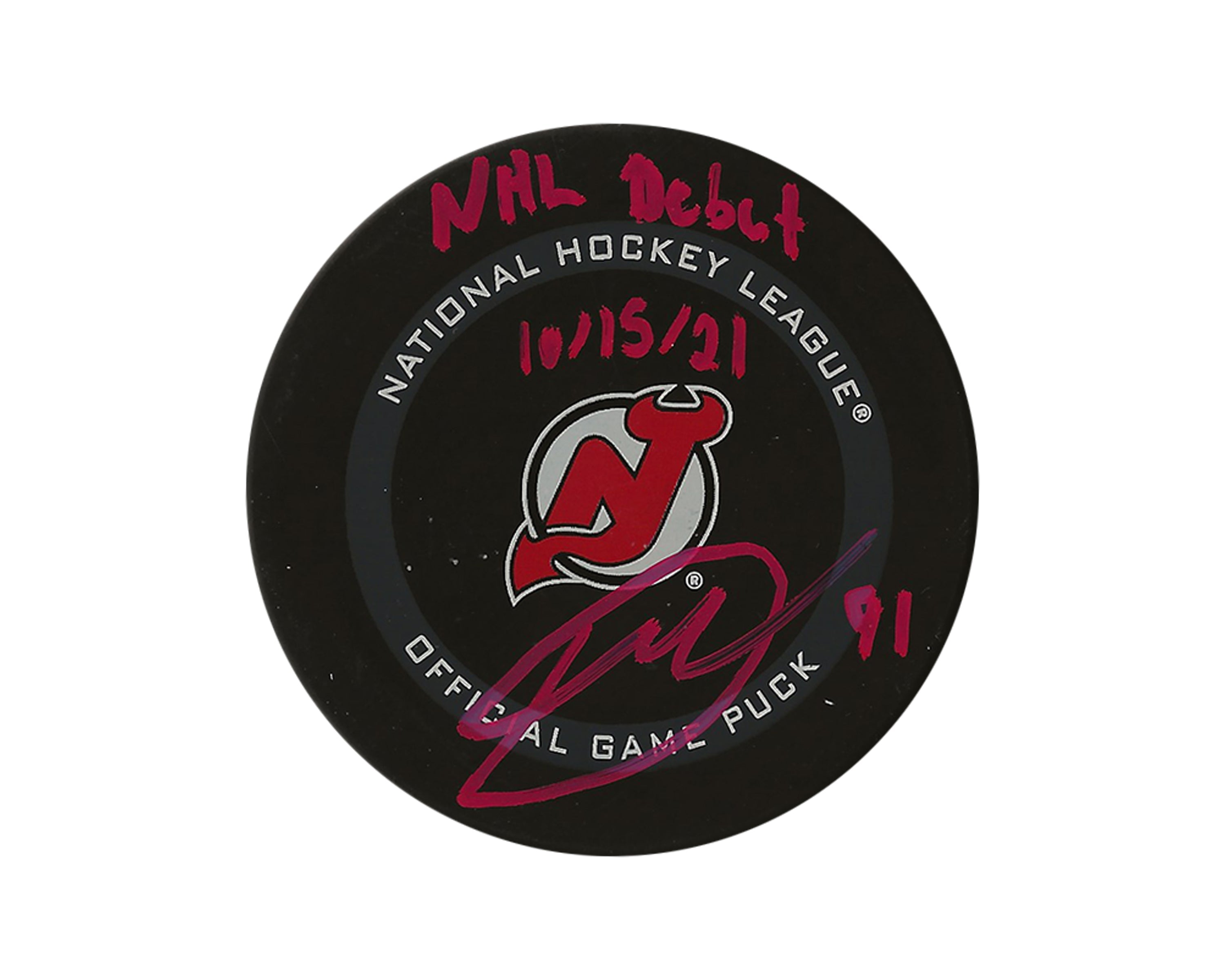 Dawson Mercer Autographed New Jersey Devils Official Game Puck Inscribed 