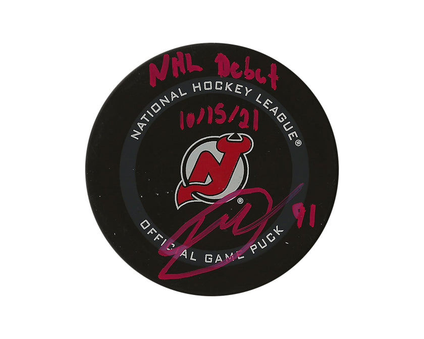 Dawson Mercer Autographed New Jersey Devils Official Game Puck Inscribed 