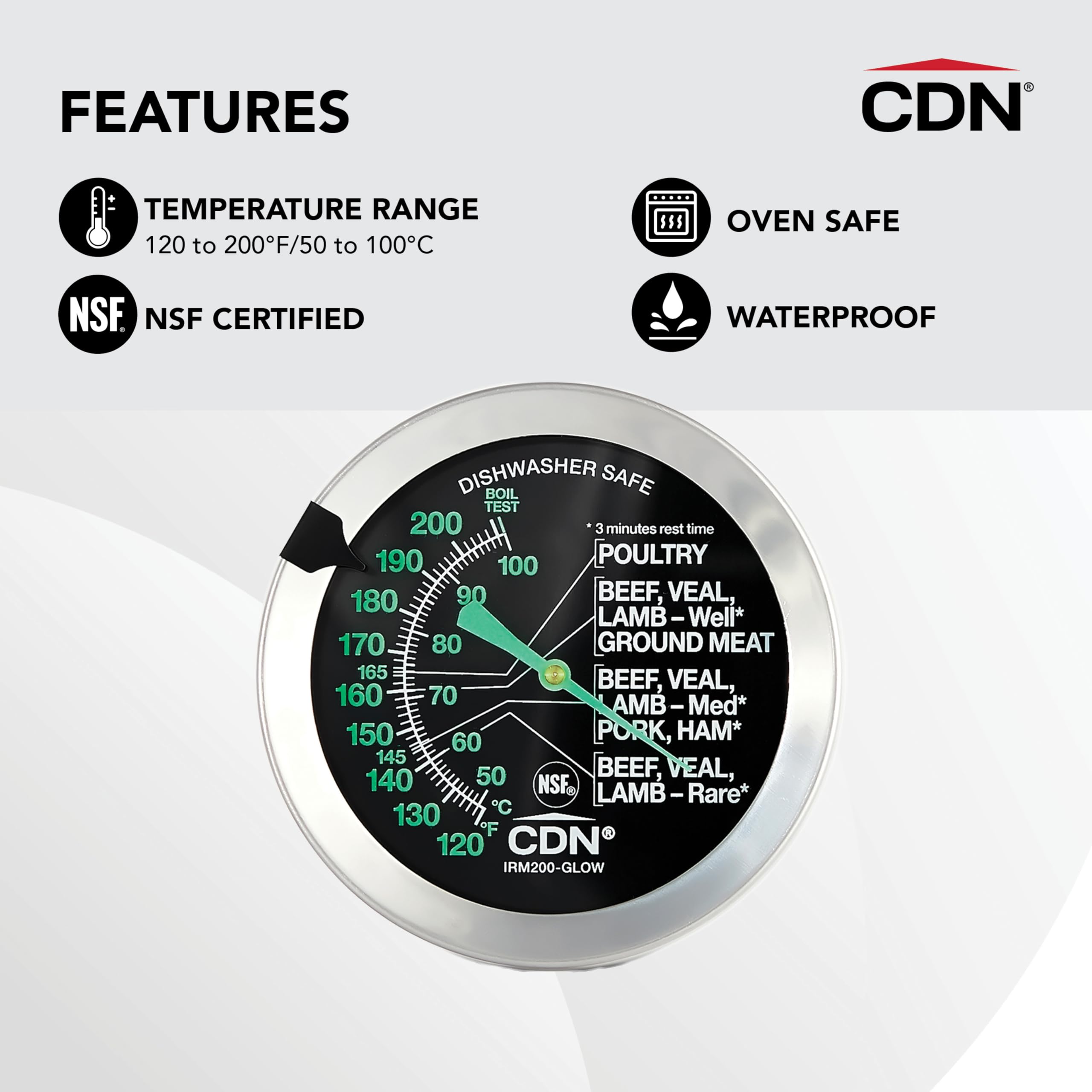 CDN - Thermomètre à cadran pour cuisson de viande/volaille, résistant à la chaleur, argenté, haute précision.