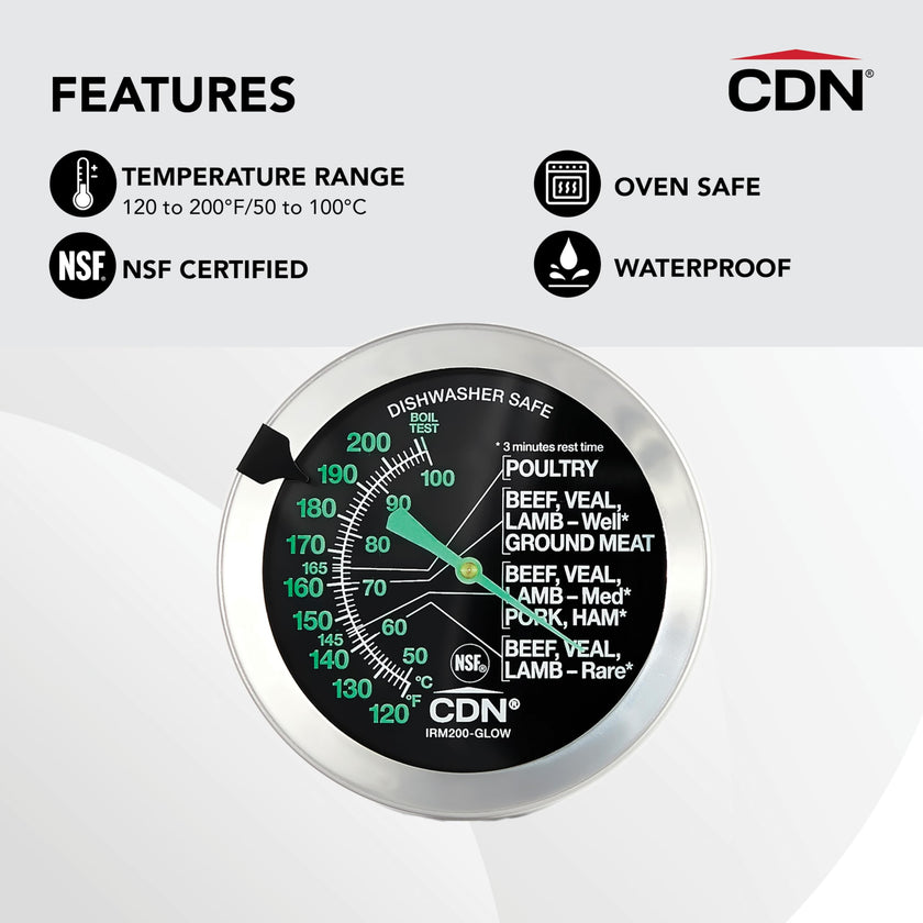 CDN - Thermomètre à cadran pour cuisson de viande/volaille, résistant à la chaleur, argenté, haute précision.