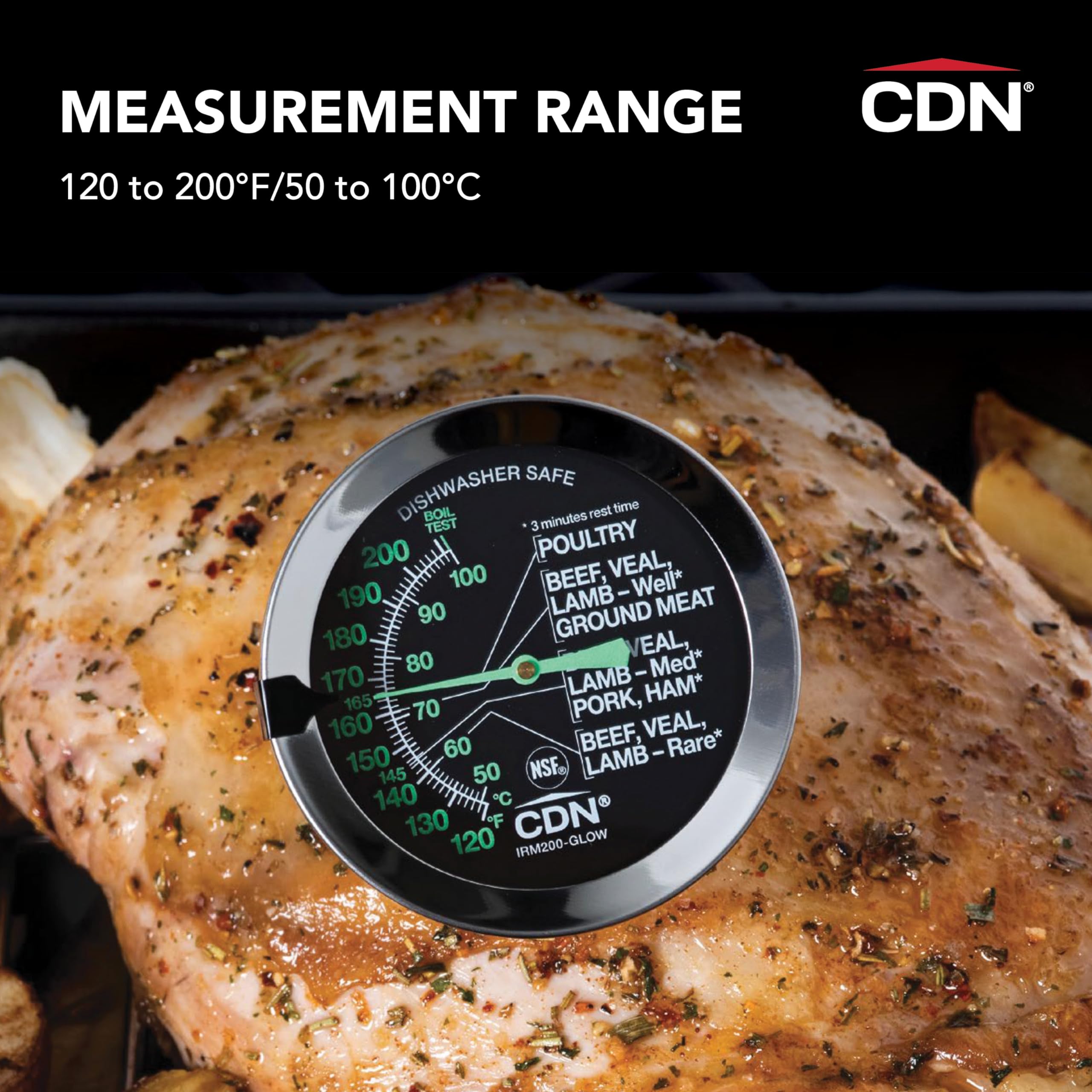 CDN - Thermomètre à cadran pour cuisson de viande/volaille, résistant à la chaleur, argenté, haute précision.
