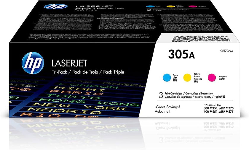 HP 305A (CF370AM) Cyan, Magenta & Yellow Original LaserJet Toner Cartridges, 3 pack