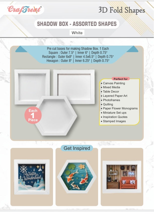 CrafTreat 3D Fold Shapes - Shadow Box White - Assorted Shapes 3pcs