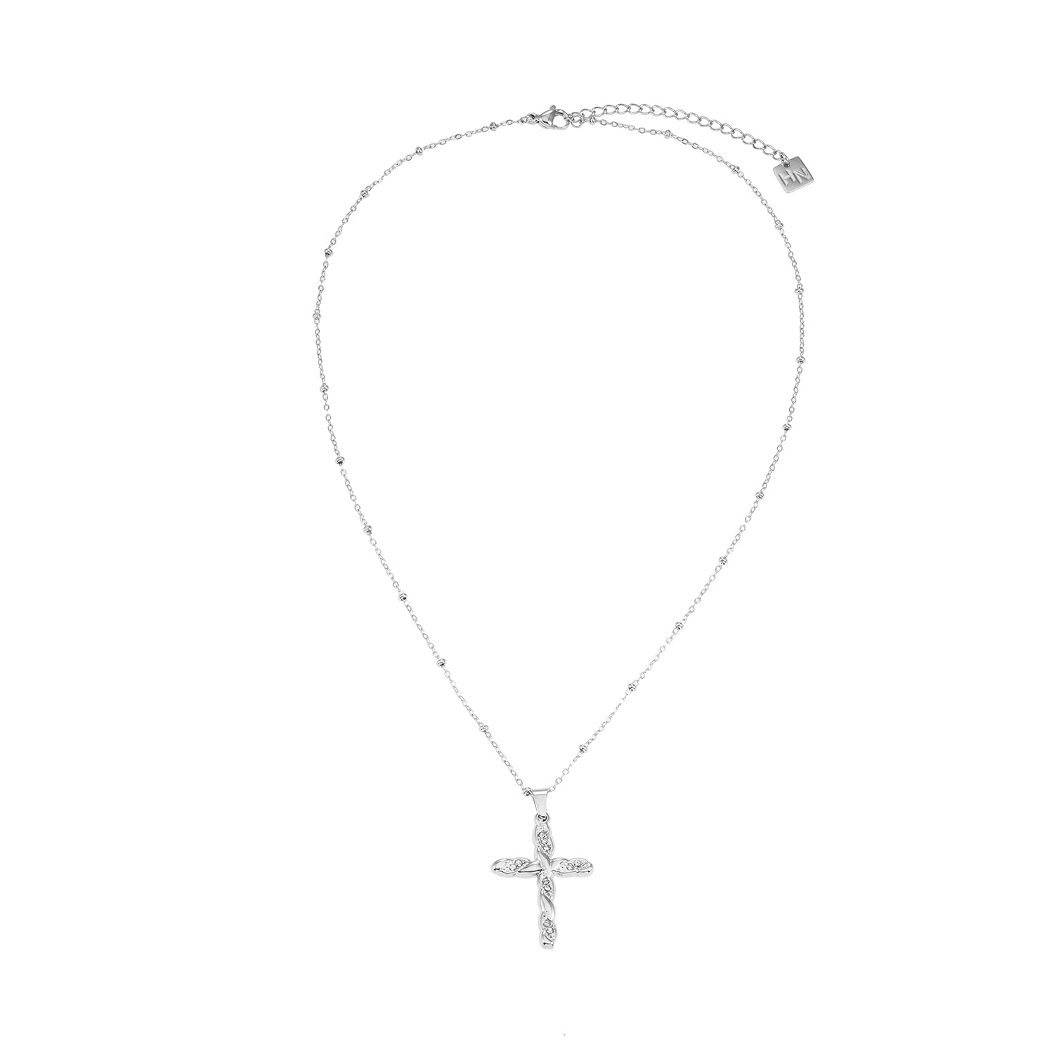 CHAMONIX Or blanc plaqué argent : Collier délicat à maillons perlés avec pendentif croix texturé incrusté de zircons.