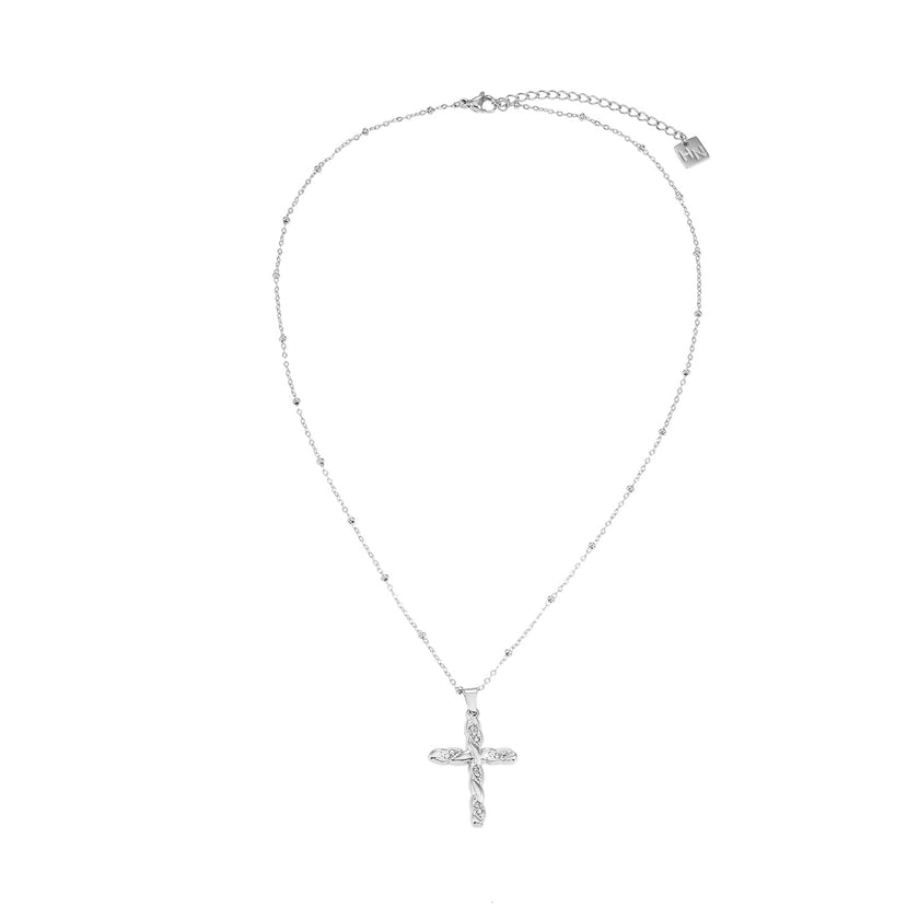 CHAMONIX Or blanc plaqué argent : Collier délicat à maillons perlés avec pendentif croix texturé incrusté de zircons.