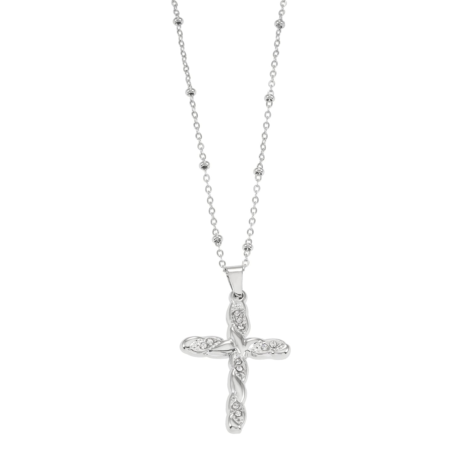 CHAMONIX Or blanc plaqué argent : Collier délicat à maillons perlés avec pendentif croix texturé incrusté de zircons.