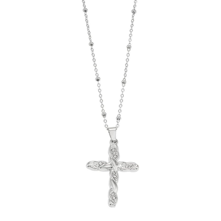 CHAMONIX Or blanc plaqué argent : Collier délicat à maillons perlés avec pendentif croix texturé incrusté de zircons.