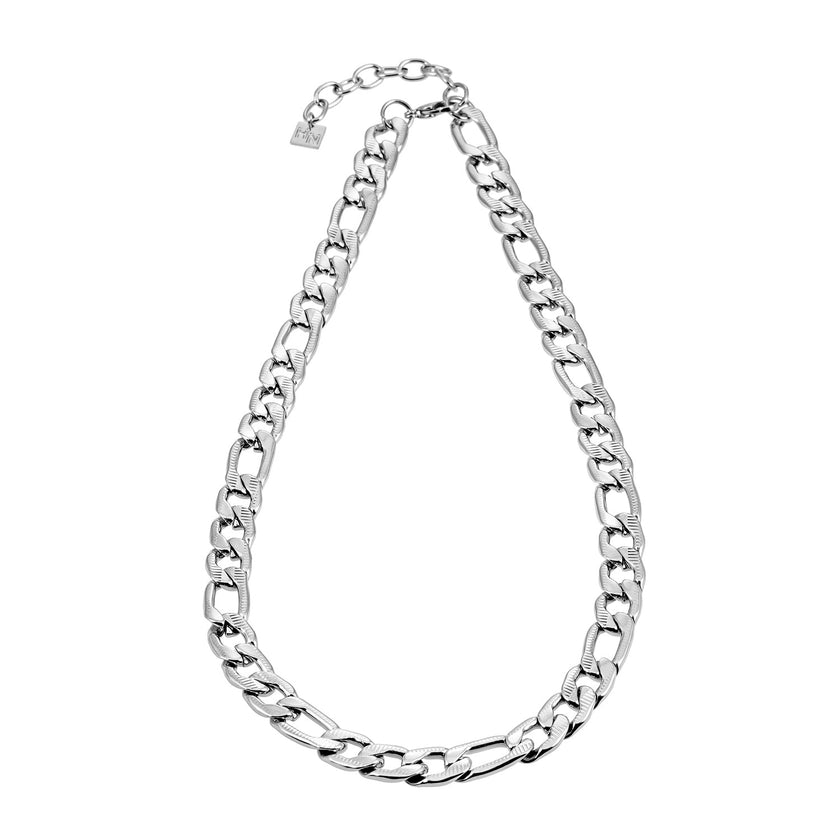 Style CHAPORA : Collier à maillons cubains texturés, en or blanc (couleur argentée)