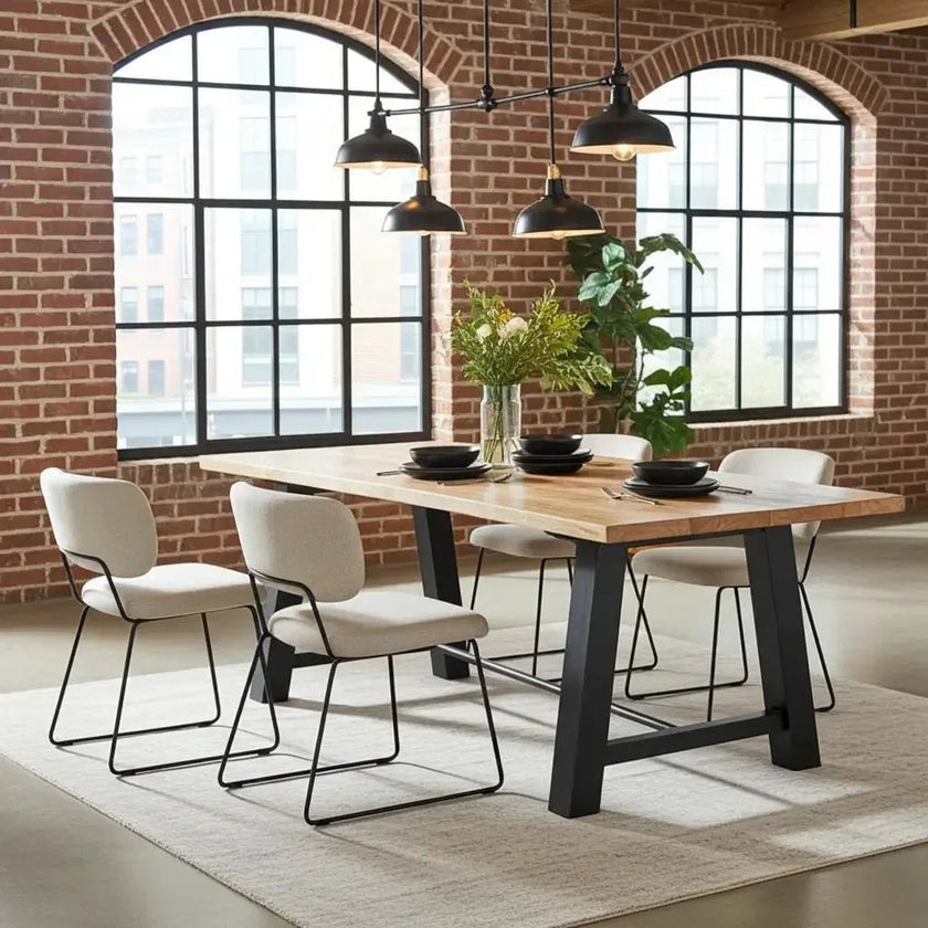 Table à diner industrielle style Établie patte en acier noir mat avec plateau en Bois de Manguier