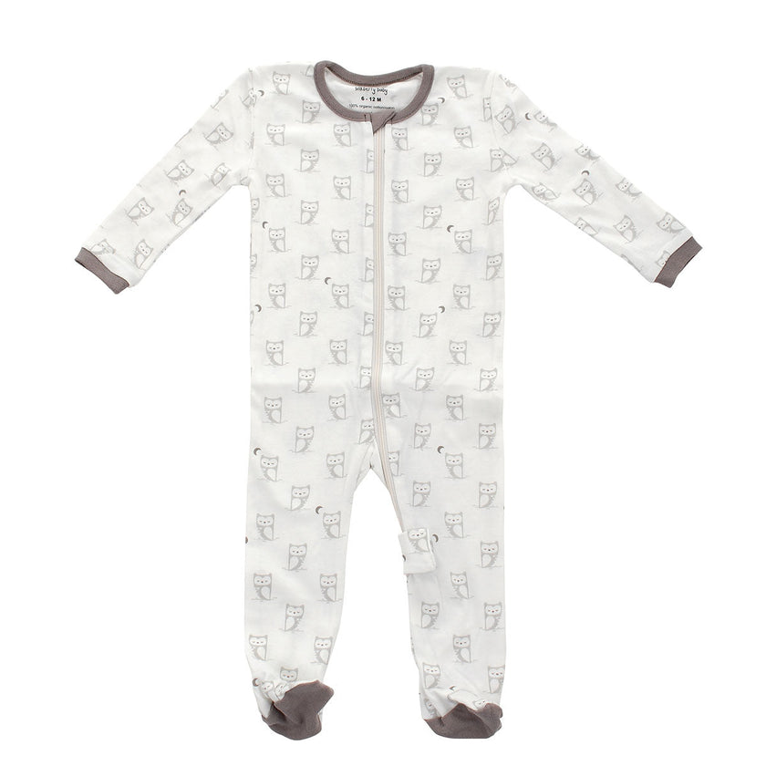 Pyjama pieds chauds en coton bio - Imprimé hibou nuage argenté