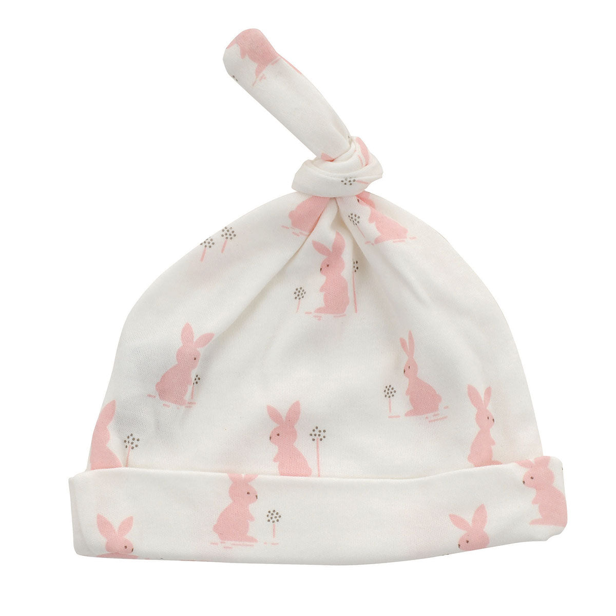 Chapeau en coton bio avec nœud - Motif lapin rose poudré