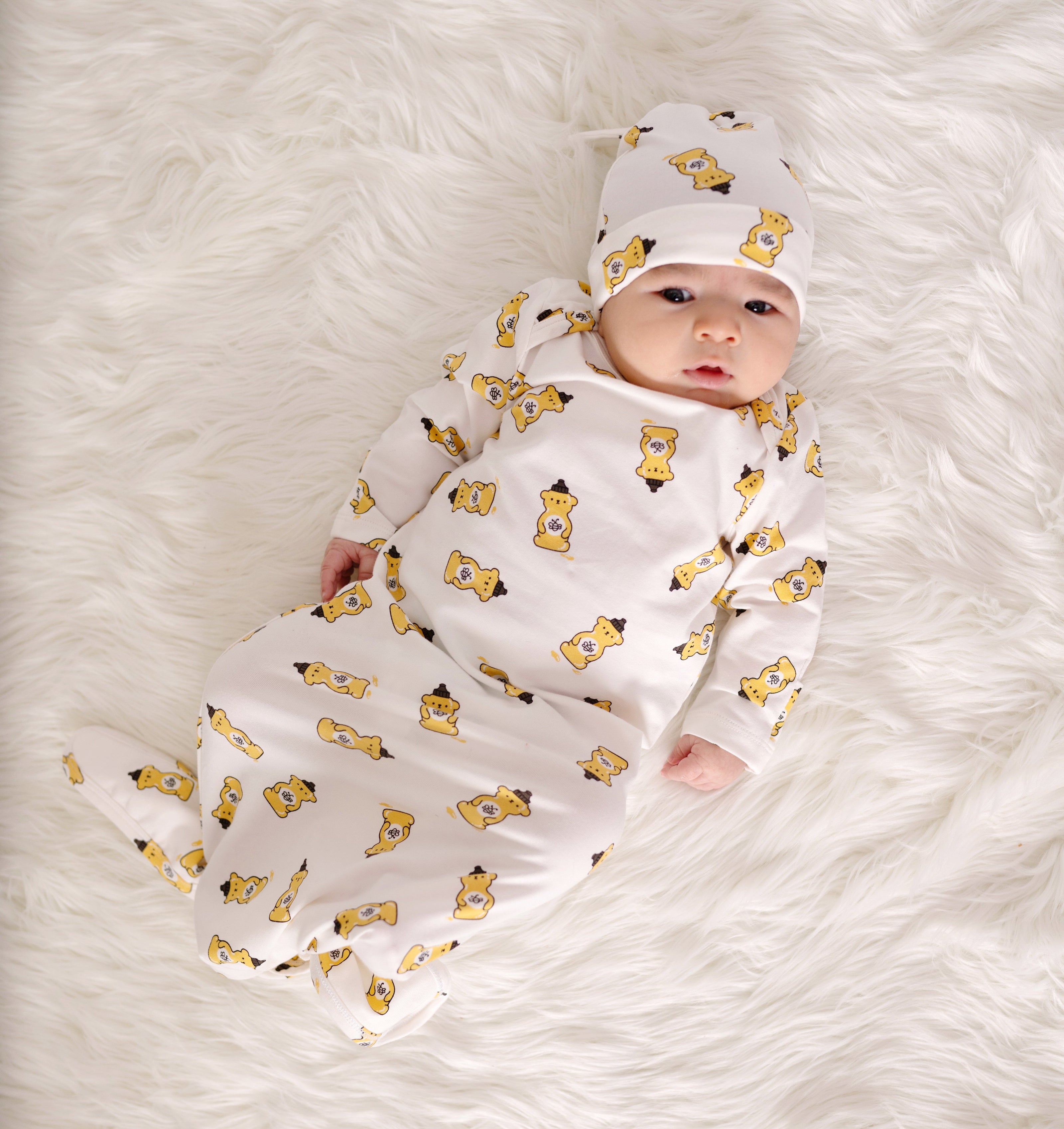 Chapeau à nœud en coton biologique (imprimé ours en miel)