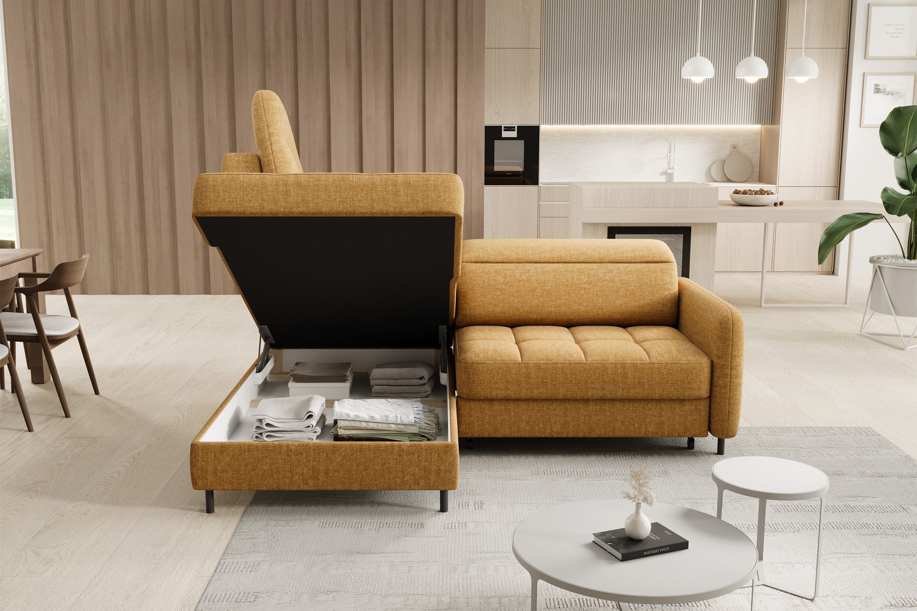 Barea 3 Seater Storage Sleeper Chaise Sofa - Mustard
