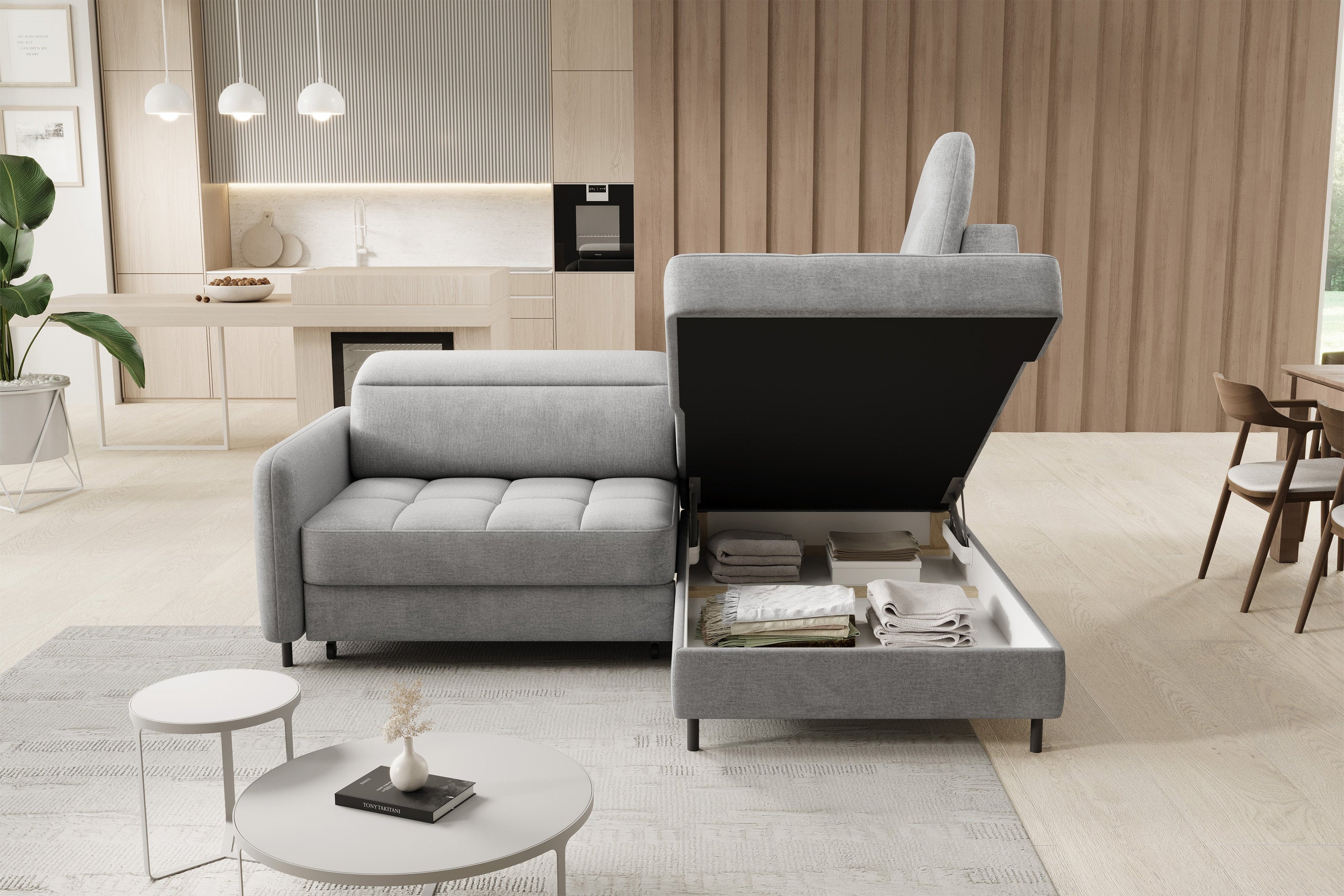 Barea 3 Seater Storage Sleeper Chaise Sofa - Light Grey