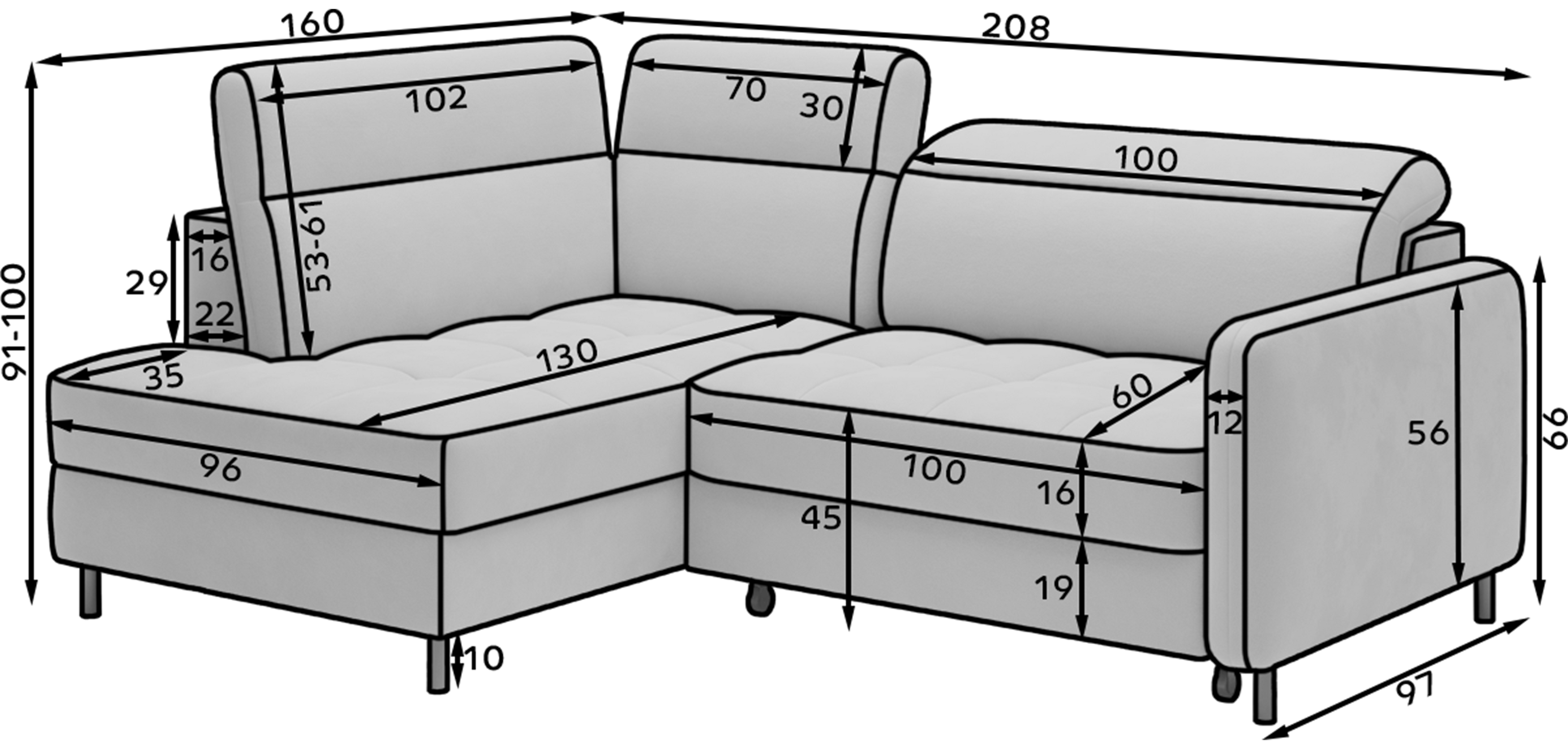 Barea 3 Seater Storage Sleeper Chaise Sofa - Soft Blue