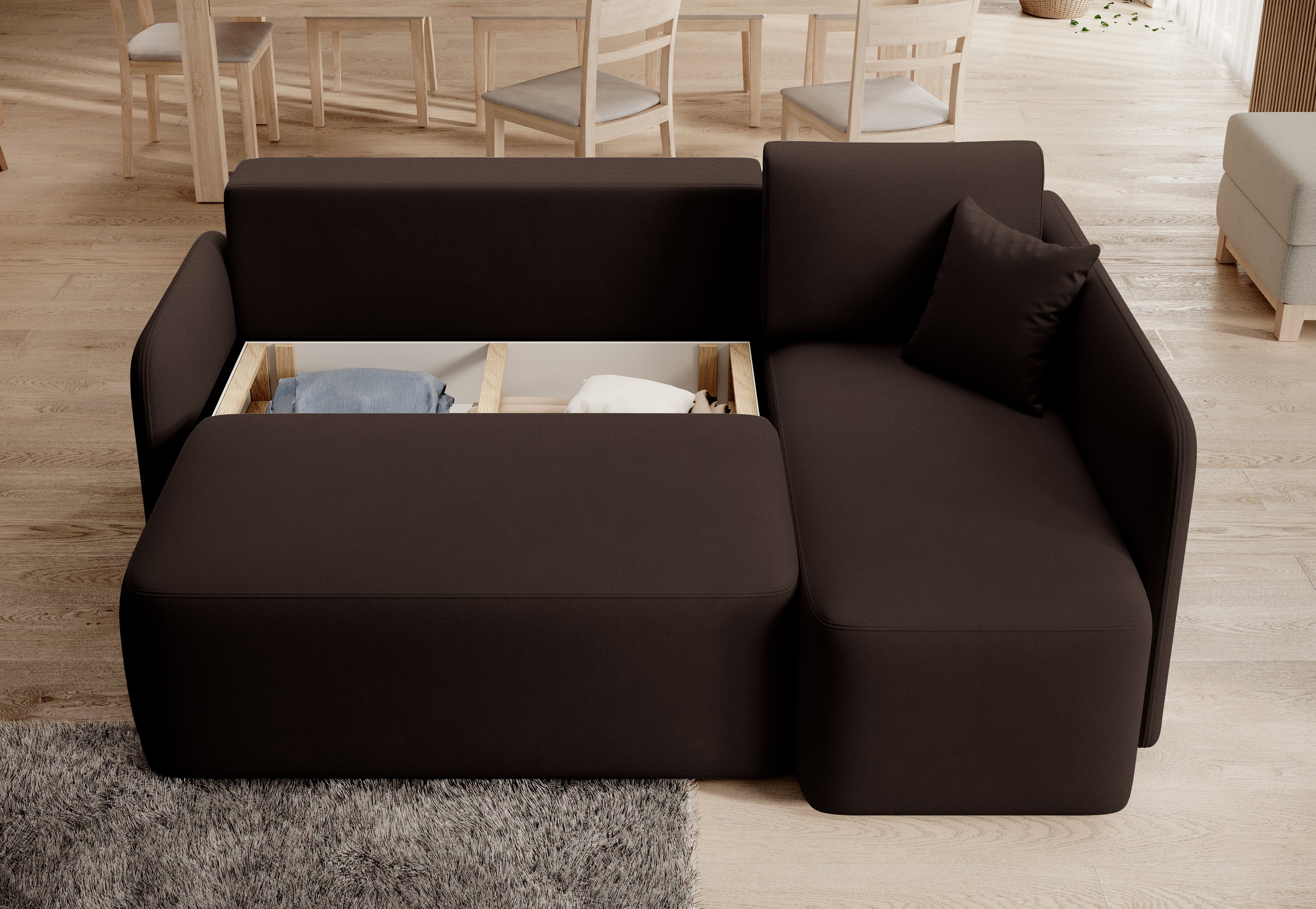 Hadson 3 Seater Storage Sleeper Chaise Sofa - Dark Brown