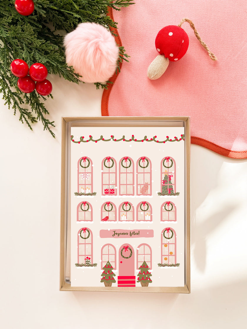 Coffret de 6 cartes de Noël pliées - Façade festive