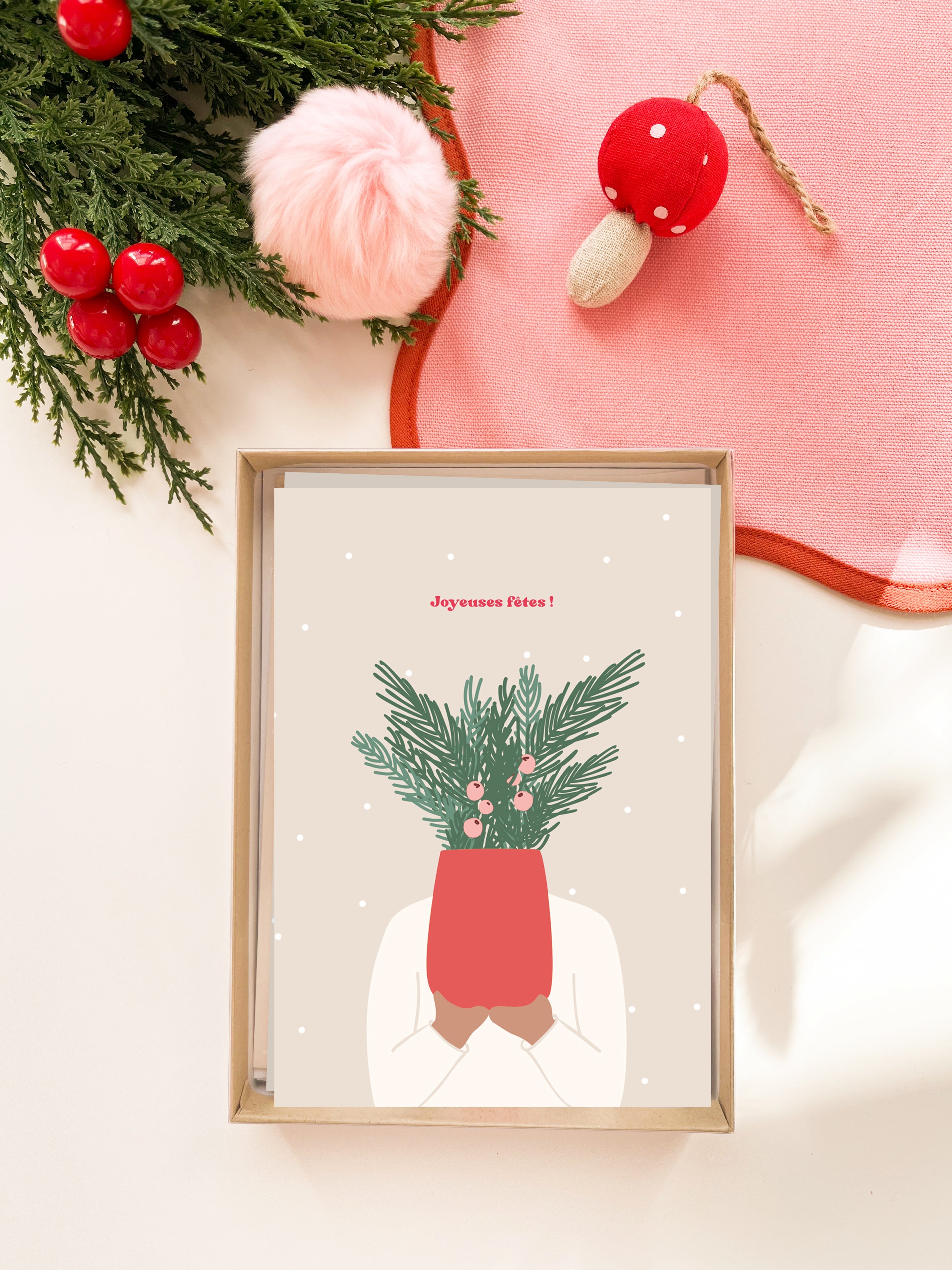 Coffret de 6 cartes de Noël pliées - Plante